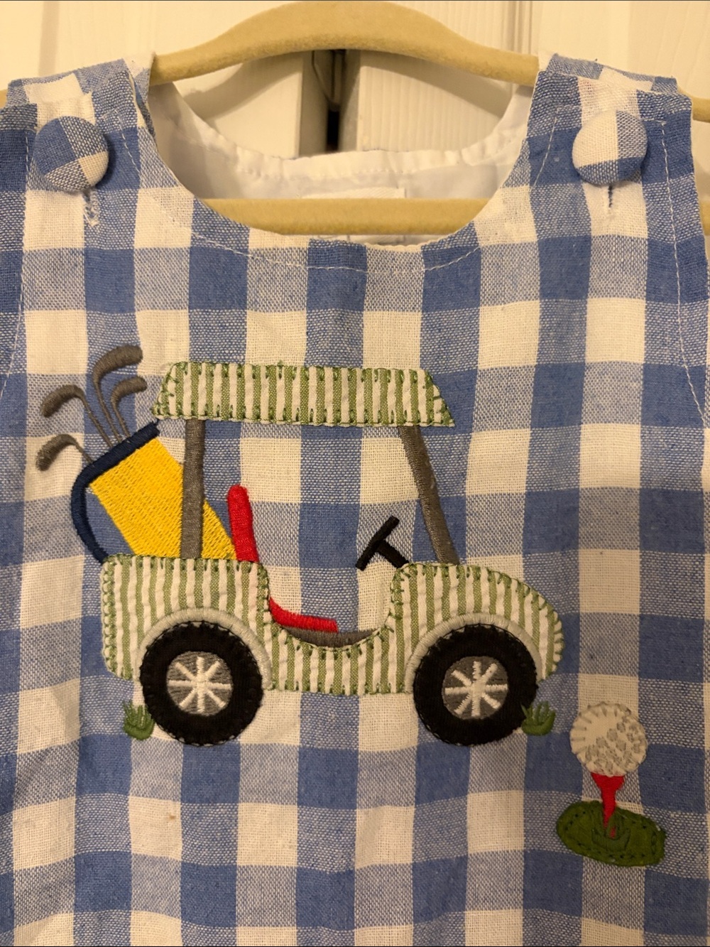 Mud Pie Boys Blue & White Checked Golf Cart Embroidered One-Piece Romper 12-18 - Picture 4 of 10